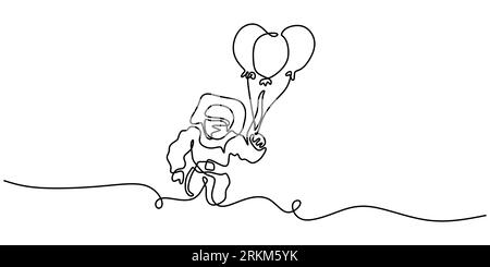 Continuous one single line of astronaut flying to the space using balloon isolated on white background. Stock Vektor