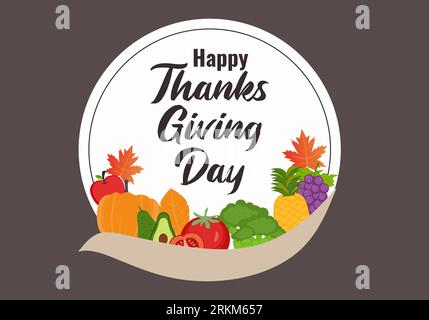 Thanksgiving-Botschaft mit einer Sammlung von Herbstmotiven mit Früchten und Herbstlaub. Happy Thanksgiving Day Event Typografie Text für Poster, Banner, Stock Vektor