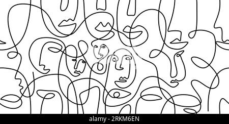 One-Line-Kunstporträts abstrakte weibliche Gesichtsmalerei minimalistisches Set. Gesichter Masken sich wiederholendes Muster. Vektorillustration auf weißem Hintergrund Stock Vektor