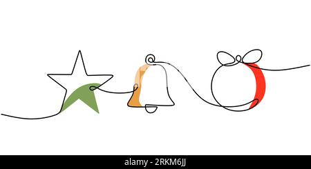 Continuous one single line of hanging star, bell and ball for christmas decoration isolated on white background. Stock Vektor