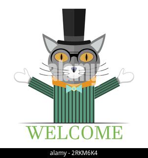 Cat gentleman and aristocrat in a suit with a hat and glasses with welcome lettering. Friendly pose. Vintage french and english style. Stock Vector