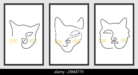 Continuous one single line of surreal abstract cat faces isolated on white background. Stock Vektor