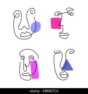 One Line art. Surreal Face painting. Contemporary minimalist set. Fashion graphic design. Vector illustration on white background Stock Vector