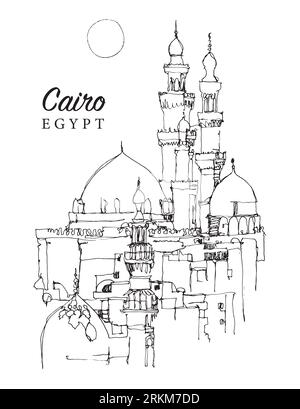 Vektor-handgezeichnete Skizzenillustration von Minaretten und Kuppeln von Moscheen in Kairo, Ägypten Stockfoto