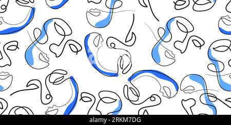 Abstract one line drawing masks and faces vector design isolated background. Stylized printable design in sketch, doodle style. Surreal texture. Stock Vector