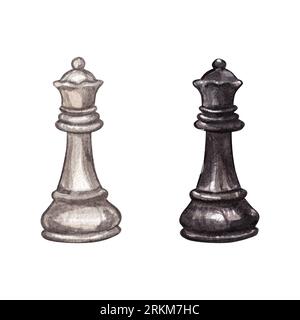 Schachfigur Queen. Aquarell handgezeichnete Illustration von schwarz-weißen Schachstücken aus Holz. Kipart für den Schachclub Stockfoto