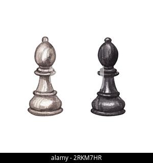Schachstücke schwarz-weißer Bischof isoliert auf weißem Hintergrund. Aquarellzeichnung handgezeichneter Illustration von hölzernen Schachstücken. Kipart für den Schachclub Stockfoto