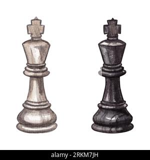 König des Schachspiels. Aquarell handgezeichnete Illustration von schwarz-weißen Schachstücken aus Holz. Kipart für den Schachclub Stockfoto