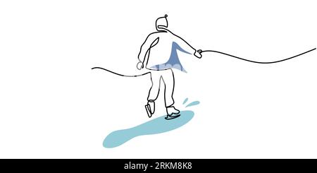 Continuous one single line of teenage girl playing ice skating isolated on white background. Stock Vector