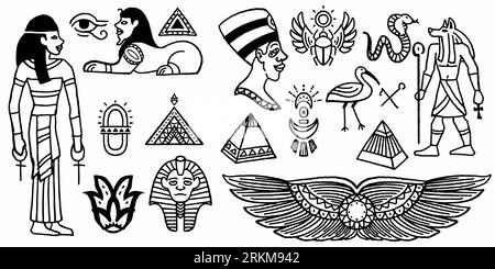 Set of hand drawn egyptian ancient symbol isolated on white background. Stock Vector