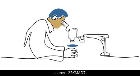 Continuous one single line of man scientist using microscope isolated on white background. Stock Vektor