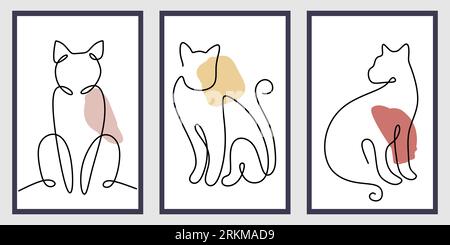 Durchgehend eine einzelne Linie von drei süßen Katzen im surrealen Stil isoliert auf grauem Hintergrund. Stock Vektor