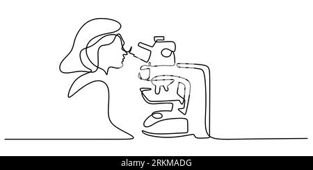 Continuous one single line of woman scientist using microscope isolated on white background. Stock Vector