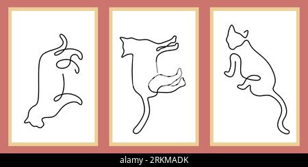 Continuous one single line of surreal three cute cats isolated on maroon background. Stock Vector
