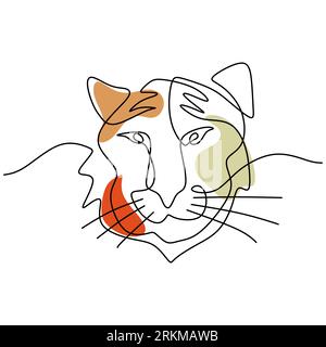 Durchgehende einzeilige Zeichnung eines isolierten weißen Hintergrunds mit Tigerkopf. Stock Vektor