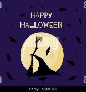 Die Vektorillustration von Happy Halloween kann als Banner oder Grußkarte verwendet werden. Hexenhut und Besen, Fledermäuse, auf violettem Hintergrund. Stock Vektor