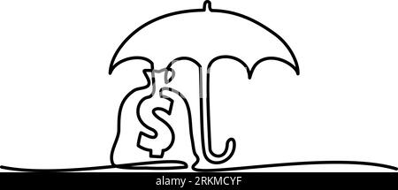 Schutzgeld-Konzept. Sichere und sichere Investitionen, Versicherungen. Vektorillustration fortlaufender einzeiliger Zeichnungsstil. Regenschirm als Schutzschild Stock Vektor
