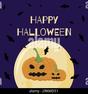 Die Vektorillustration von Happy Halloween kann als Banner oder Grußkarte verwendet werden. Kürbis, Fledermäuse und Mond auf violettem Hintergrund. Stock Vektor