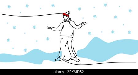 Continuous one single line of man standing on snow using santa hat isolated on white background. Stock Vector