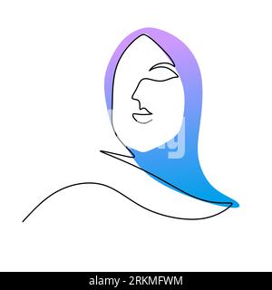 Continuous one single line of blue hijab woman isolated on white background. Stock Vector