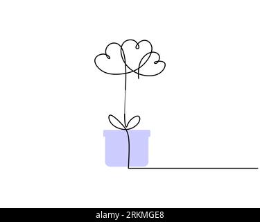 One continuous single line of blue gift tied with three balloons isolated white background for valentine day. Stock Vektor