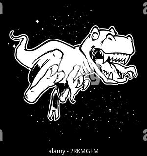 Hand drawn illustration of dinosaurs flying on outer space in black white color. Stock Vector