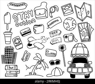 Set of doodle hand drawn stay cation equipment stuff collection isolated on white background. Stock Vector