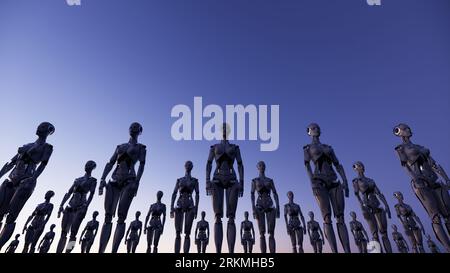 Armee intelligenter, futuristischer humanoider Cyborg-Roboter, die in einer Reihe stehen. 3D-Rendering-Illustration, 4,0 Industrie Stockfoto