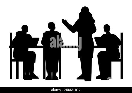 Schwarze Silhouette einer Gruppenbesprechung, Brainstorming-Konzept für Geschäftsleute, Vektor isoliert auf weißem Hintergrund Stock Vektor
