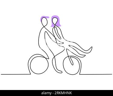 Eine durchgehende Einzellinie von Jungen reitet sein Mädchen auf dem Fahrrad für den valentinstag isoliert auf weißem Hintergrund. Stock Vektor