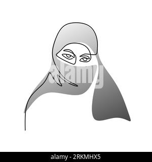 Continuous one single line of grey hijab woman isolated on white background. Stock Vector