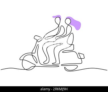 One continuous single line of couple lovers riding on a vespa for valentine day isolated on white background. Stock Vektor
