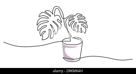 Continuous one single line of monstera plant on pot isolated on white background. Stock Vektor