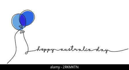 Continuous one single line of happy australia day word with two balloons for australia day celebration. Stock Vector