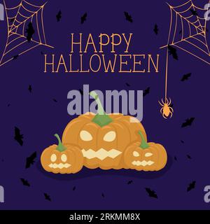 Die Vektorillustration von Happy Halloween kann als Banner oder Grußkarte verwendet werden. Kürbis, Fledermäuse und Spinnennetz auf violettem Hintergrund. Stock Vektor