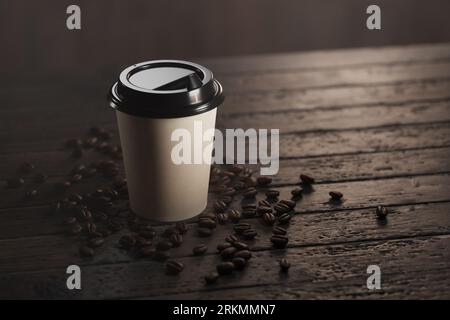 Kaffeebohnen auf einem Holztisch. Inneneinrichtung des Coffee Shops, Coffee Shop. Heißer Kaffee in einem Papierbecher. 3D-Rendering. Stockfoto