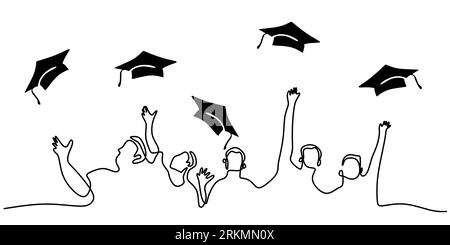 Continuous one single line of students throw their graduation hat isolated on white background. Stock Vector