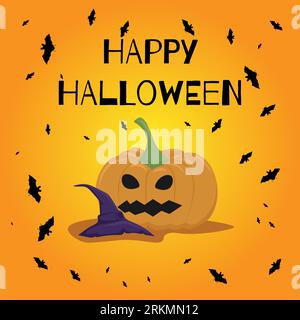 Die Vektorillustration von Happy Halloween kann als Banner oder Grußkarte verwendet werden. Kürbis, Fledermäuse und Hexenhut auf orangem Hintergrund. Stock Vektor