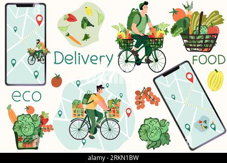 Online-Bestellung: Courier on Bike liefert frisches Gemüse und Obst aus einem virtuellen Lebensmittelmarkt. Mobile App zum Bestellen von Lebensmitteln. Ökologisch schnelle Lieferung zu Hause und im Büro. Vektorillustration. Stock Vektor