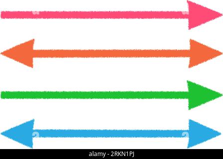 Lange horizontale Pfeile. Gerade, grüne, orangfarbene, blaue, rote Doppelpfeile. Stock Vektor