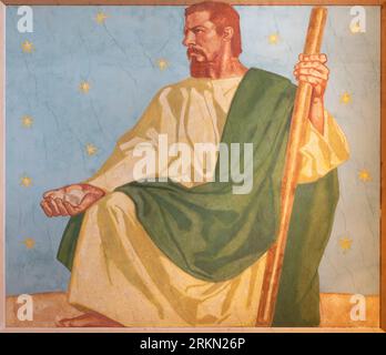 VIENNA, AUSTIRA - JULI 5, 2021: The fresco of St.  James the Less the apostle in the church Neuottakringer Pfarrkirche by Felix Jenewien  (1857 - 1905 Stock Photo