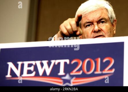 Bildnummer: 56935467  Datum: 20.01.2012  Copyright: imago/Xinhua (120121) -- SOUTH CAROLINA, Jan. 21, 2012 (Xinhua) -- Republican presidential candidate, former Speaker of the House of Representatives, Newt Gingrich delivers a speech during a campaign in Orangeburg, South Carolina, Jan. 20, 2012. With just hours away from a crucial Republican presidential primary in South Carolina, many experts believe the tight race between MittRomney and Newt Gingrich could have much more implications beyond the primary itself. (Xinhua/Fang Zhe)(ctt) US-SOUTH CAROLINA-CAMPAIGN-PRIMARY PUBLICATIONxNOTxINxCHN Stock Photo
