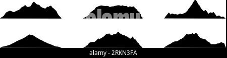 Mountain icon with silhouette range. Outline of alps with snowy tops, hills and black rocks. Flat vector illustrations isolated in background. Stock Vektor