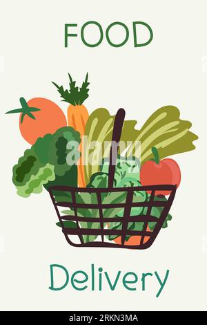 Bestellen Sie im Internet frisches Gemüse und Obst von einem virtuellen Lebensmittelmarkt. Ökologisch schnelle Lieferung zu Hause und im Büro. Umweltfreundliche Logistik. Abbildung für Poster, Banner und Karten. Vektor. Stock Vektor