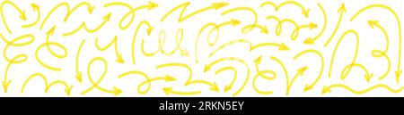 Hand gezeichnete gelbe Markierungen Pfeile Doodle-Set. Verschiedene Skizzenelemente wie Stift, Bleistift und Pinsel heben Markierungen hervor. Flache Vektorillustration isoliert o Stock Vektor