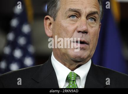 Bildnummer: 57047639  Datum: 09.02.2012  Copyright: imago/Xinhua (120210) -- WASHINGTON, Feb. 10, 2012 (Xinhua) -- US House Speaker John Boehner hosts a news conference on issues including the payroll tax break extension and the Stock Act at the Capitol Hill in Washington Feb. 9, 2012. (Xinhua/Zhang Jun) (zyw) US-WASHINGTON-POLITICS-BOEHNER-CANTOR PUBLICATIONxNOTxINxCHN People Politik premiumd xbs x0x 2012 quer      57047639 Date 09 02 2012 Copyright Imago XINHUA  Washington Feb 10 2012 XINHUA U.S. House Speaker John Boehner Hosts a News Conference ON Issues including The payroll Tax Break Ext Stock Photo