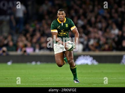 Twickenham, United Kingdom. 25th Aug, 2023. New Zealand V South Africa 2023 Rugby World Cup warm up match for the Qatar Airways Cup. Twickenham Stadium. Twickenham. Damian Willemse (South Africa) during the New Zealand V South Africa 2023 Rugby World Cup warm up match for the Qatar Airways Cup. Credit: Sport In Pictures/Alamy Live News Stock Photo