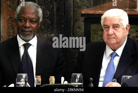 Bildnummer: 57339056  Datum: 10.03.2012  Copyright: imago/Xinhua (120310) -- DAMASCUS, March 10, 2012 (Xinhua) -- Syrian Foreign Minister Walid al-Moallem (R) and Kofi Annan, the joint special envoy of the UN and Arab League (AL) for Syria, have lunch at al-Naranj restaurant in the old city of Damascus, Syria on March 10, 2012. Kofi Annan arrived in the Syrian capital of Damascus on Saturday to mediate the year-long crisis. (Xinhua/Hazim)(cl) SYRIA-DAMASCUS-KOFI ANNAN-VISIT PUBLICATIONxNOTxINxCHN People Politik xda x0x premiumd 2012 quer      57339056 Date 10 03 2012 Copyright Imago XINHUA  Da Stock Photo