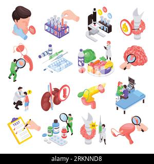 Isometric endocrinologist colored icon set with test lab tools organs body research vector illustration Stock Vector