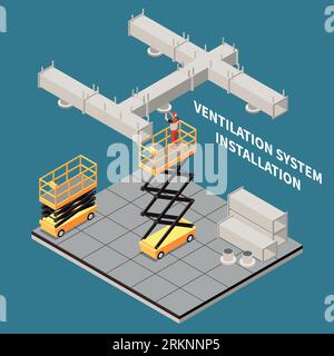 Installation of ventilation system isometric background with people working on height using scissor lift hydraulic loading vector illustration Stock Vector